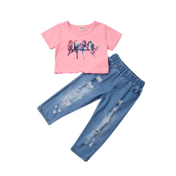 

streetwear kids baby girl clothes sets girl outfits short sleeve birds crop holes ripped denim pants pencil pants 2pcs 2-7y, White