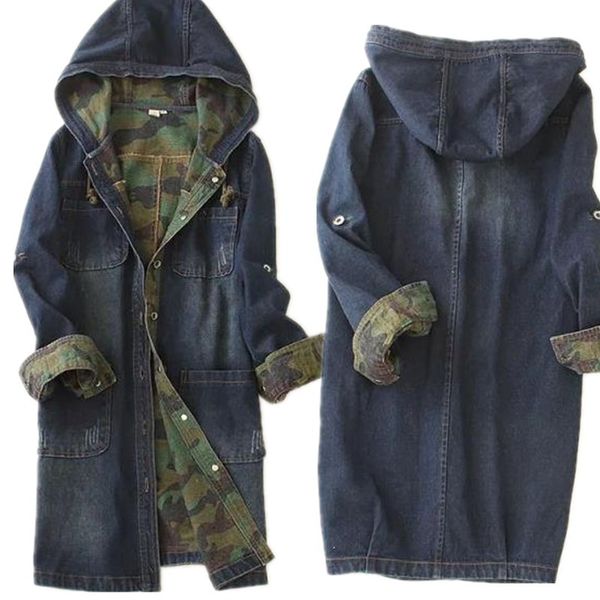 

2018 women denim jacket spell color single-breasted women long denim camouflage hooded jacket, Black;brown