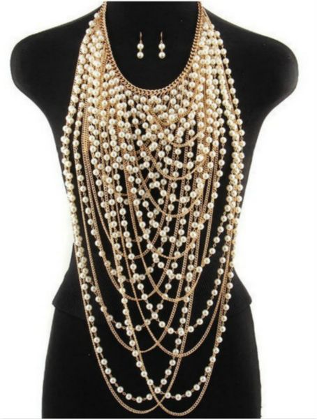 

2019 new multi layer hyperbole tassel beads long necklace women beach ethnic punk rock luxury pearl bodychain jewelry, Silver