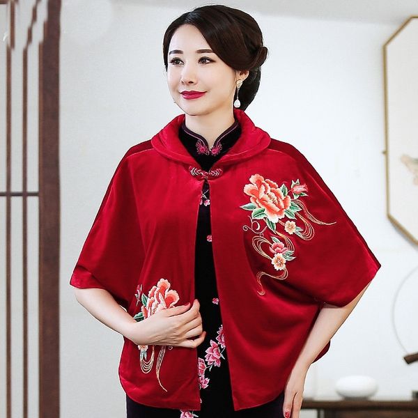 

chinese cheongsam for women velvet embroidery short chinese cloak new year shanghai tang clothes ladies ta2181, Red