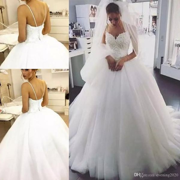 

продажа зрелых свадебных платьев спагетти перл вышивка бисером милая тюль принцесса сексуальное бальное платье с открытой спиной и кружевом, White