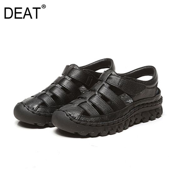 

deat] 2020 new spring summer round toe shallow hollow hook casual soft genuine leather sandals for women shoes fashion 10g326, Black