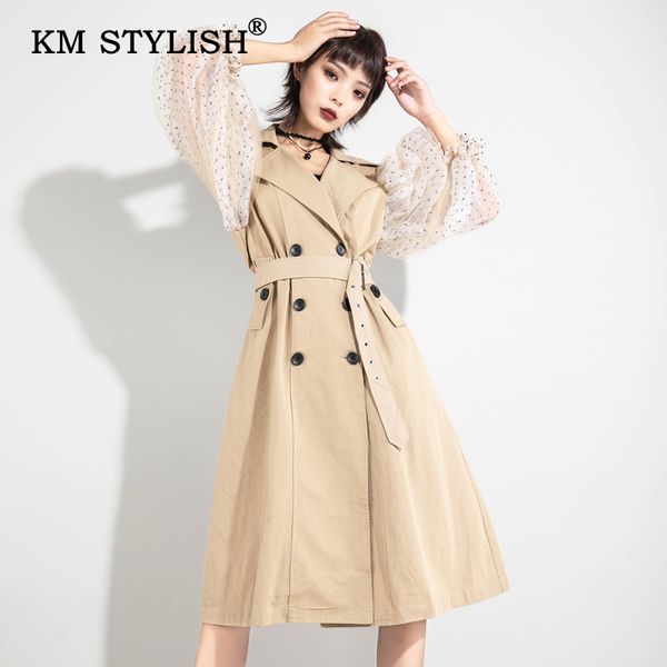 

2019 new women fashion overwear polka dots patchwork trench female double-breasted sashes mid-long lantern sleeve coat, Tan;black