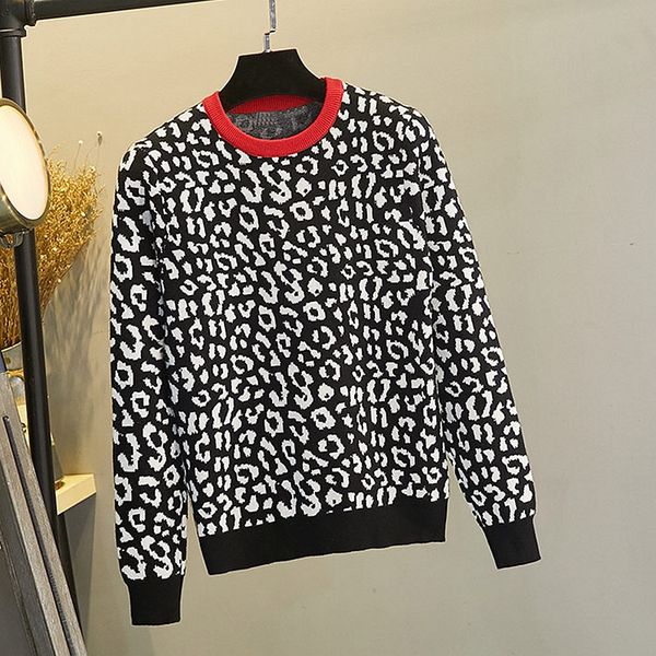 

gigogou leopard autumn winter women sweater thick jacquard knitted pullover and sweater fashion femme jumper top, White;black