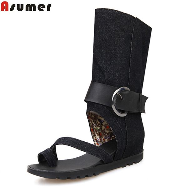 

asumer 2020 summer new arrive women boots fashion buckle canvas mid calf boots classic lady prom shoes, Black