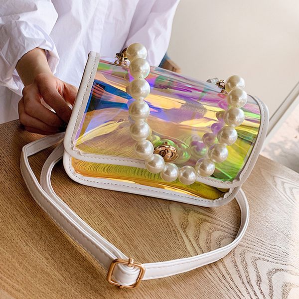 

new woman jelly polarized light shoulder bags holographic ladies pearl chain handbag pvc pu leather patchwork messenger bag#h30