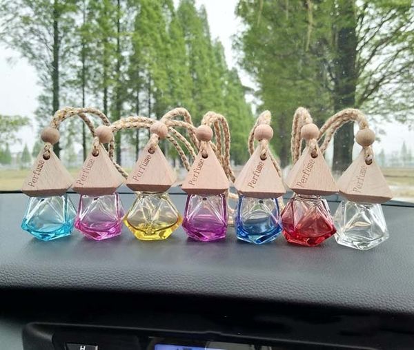 

9 colors glass car perfume bottle with wood beautiful cap empty refillable bottle hanging cute air freshener carrier dhl ing
