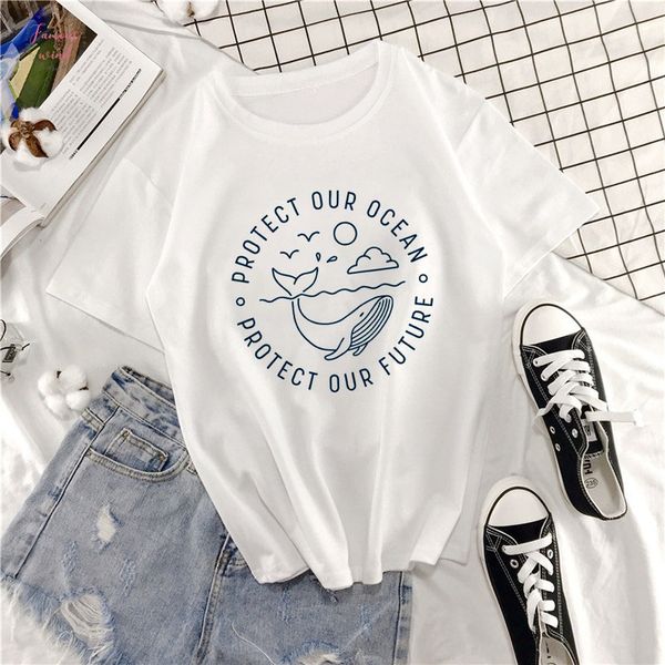

protect our oceam letter cartoon funny kawaii print women t shirt new summer tumblr fashion casual harajuku loose women clothing, White