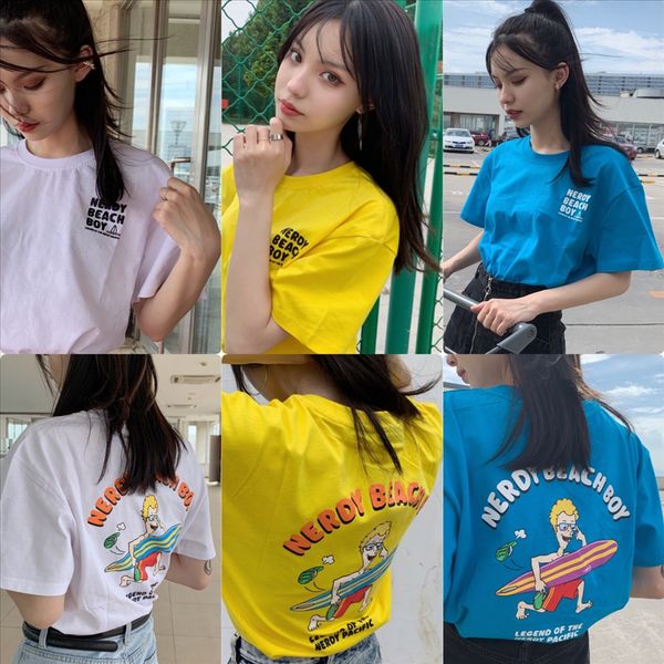 

2019 summer ins tide brand nerdy back cartoon t-shirt outfit vest couple outfit surfing printing short-sleeved t-shirt loose couple wear, White