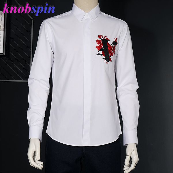 

brand quality cotton shirt men personality embroidery printed chemsie homme long sleeve slim casual business male dress shirts, White;black