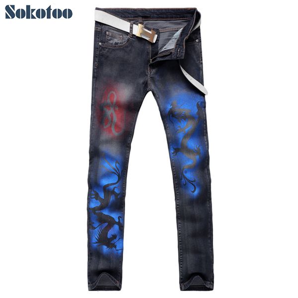 

sokotoo men's fashion chinese dragon print black denim jeans casual slim straight pants for man, Blue