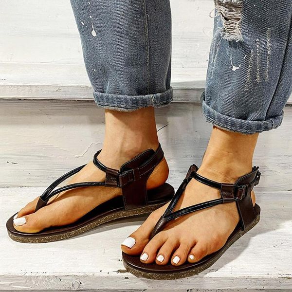 

retro summer 2020 women sandals flat open toe breathable sandals buckle strap andals flat beach shoes large size #45, Black