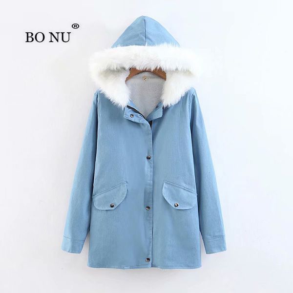 

bonu warm plus size 2xl winter denim jacket 2019 winter fur long down parka women big fur jeans coat female thicken coat outwear, Black