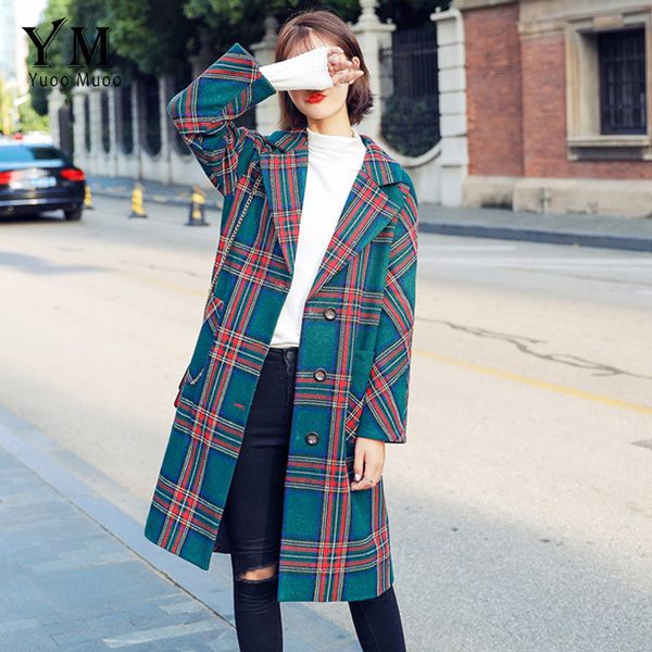 

yuoomuoo red high street fashion single breasted wool coat women plaid long winter coat green turn-down collar elegant jacket, Black