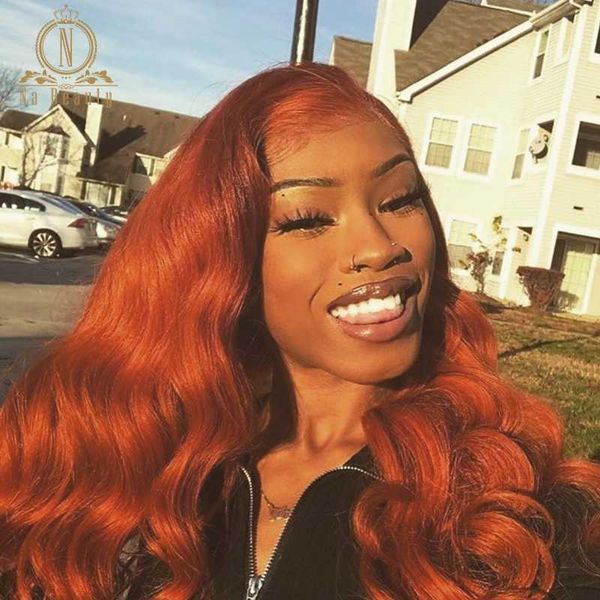 

180 density ginger orange colored 360 lace frontal human hair wigsÂ 13x6 lace front for black women body wave preplucked nabeauty, Black;brown