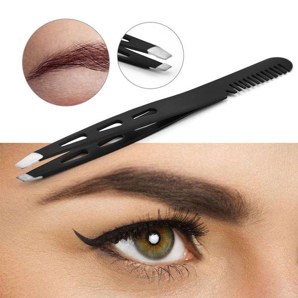 

1pc black color eyebrow tweezer hair beauty puller stainless steel eye brow clips with eyebrow comb makeup tool brand new