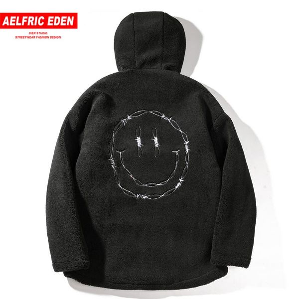 

aelfric eden vintage smliely embroideried men hooded parka casual jacket coats winter harajuku fashion streetwear male overcoats, Black