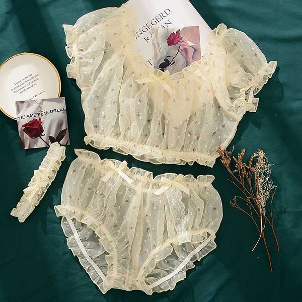 

women's sleepwear pajamas bra short sleeve shorts lingerie set for women gauze printed flower ruffles kawaii home clothes, Black;red
