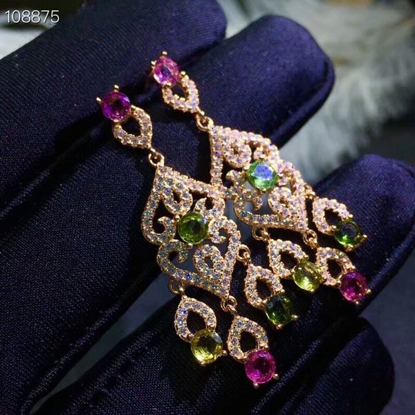 

meibapj]natural brazil pinkycolor tourmaline gemstone colorful drop earrings real 925 solid silver fine charm jewelry for women, Golden;silver