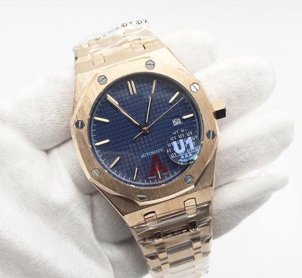 

new male watch automatic mechanical royal oak rose gold stainless steel blue dial men watches male wristwatch, Slivery;brown