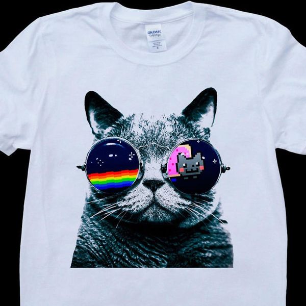 

cool cat with nyan sunglasses funny men's white custom made t shirt o neck t shirts male low price steampunk, White;black
