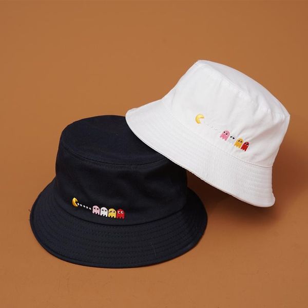 

pixels movie pacman ghost bucket hats outdoor embroidered cap summer travel sun hat, Blue;gray