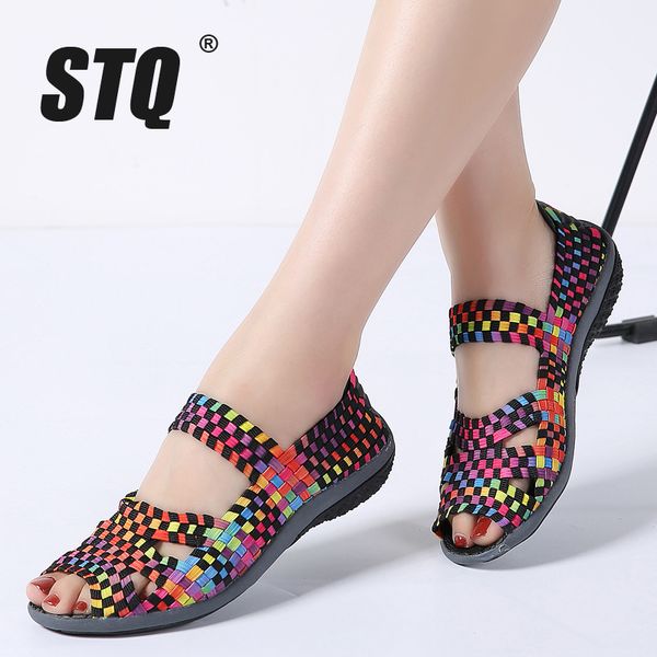 

stq 2019 autumn women flats sandals shoes women woven flat shoes ladies multi colors slip on sandals female brand loafers 812, Black