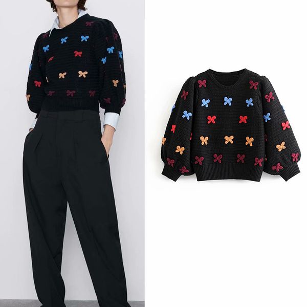 

sweet women sweater puff sleeve o neck flower decorate female pullover casual loose women jumper knitted, White;black