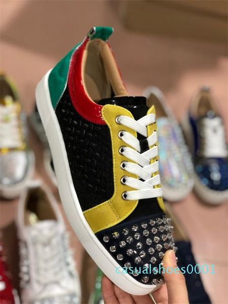 

red bottom shoes seavaste 2 spikes leather low-trainers real leather with strass studs men women flat shoe ac01, Black