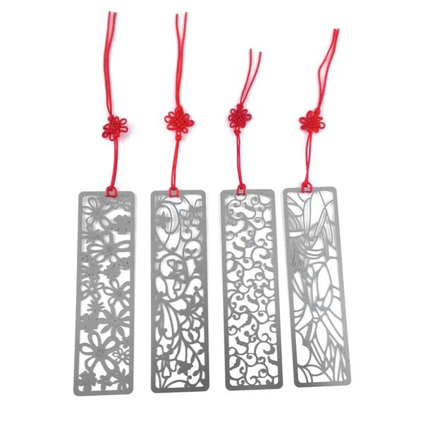 

pack of 4 classical hollow out flower style metal bookmark with red knotting strap