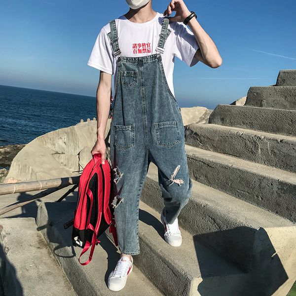 

2019 summer loose korean version of the jeans male personality hip hop hole men fashion nine points suspenders pants, Blue