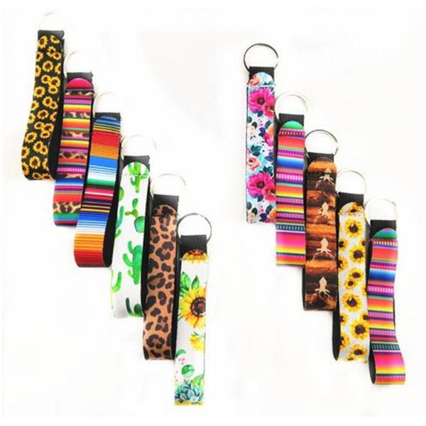 

floral printing key chain diving material keychains long strip leopard lanyard key ring sunflower neoprene eco friendly pendant dhl tfj564, Red;brown