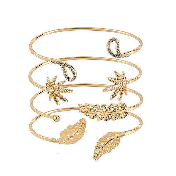 

pengbin 4pcs/set alloy women open bangle bracelet rhinestone leaf cuff bracelets women beach hand wrist jewelty, Black