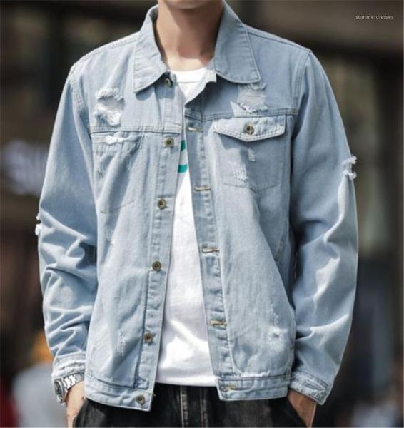 

designer jean jackets fashion pockets button panelled mens jean jackets casual males clothing hole panelled mens, Black;brown