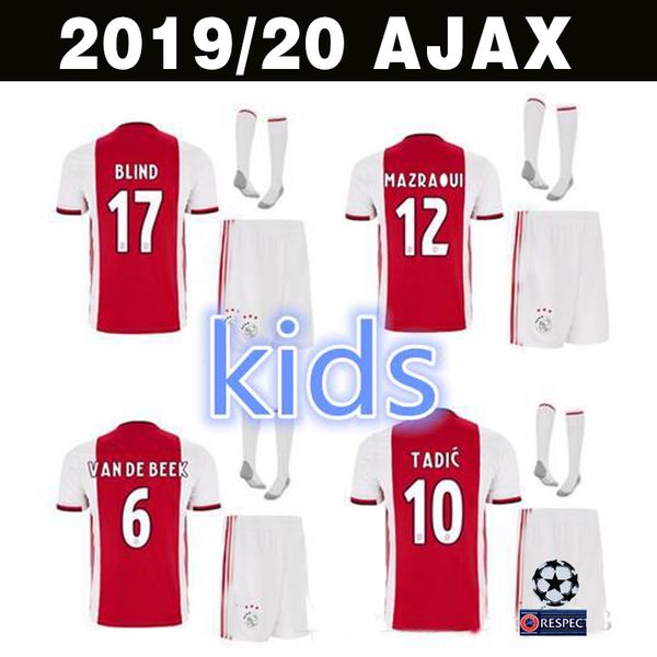 

ajax fc soccer jersey kids 2019 2020 football kits 19 20 van de beek ziyech tadic nouri neres de jong ajax kids football kits, Black