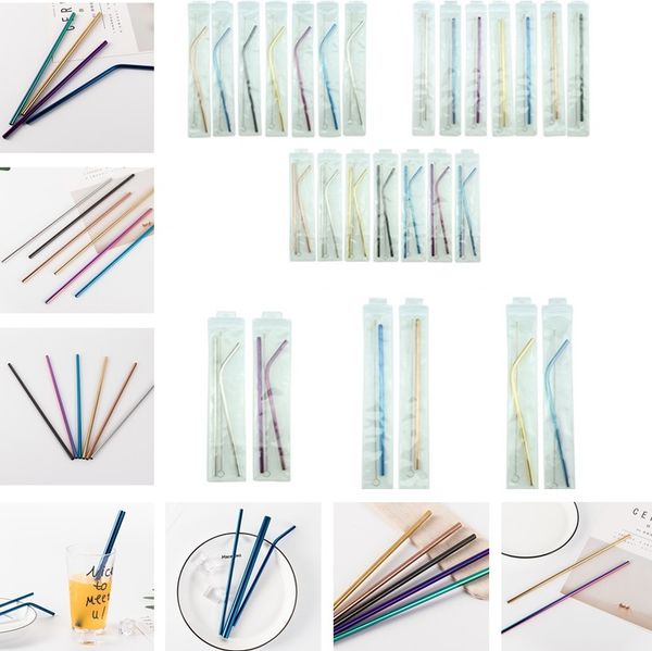 

new stainless steel straw set colorful metal barware drinks straws reusable straws cleaner brush kit eco drinking straw 4847