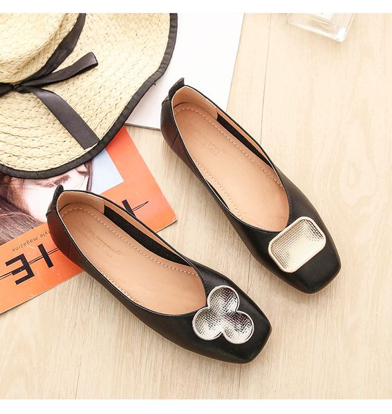 

european and american women flats casual shoes 2020 new tide fashion metal buckle square toe comfortable women's shoes, Black