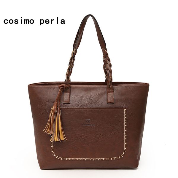 

vintage fashion dropshipping totes bag big tassel handbags 2019 women leather shoulder bags large capacity purse