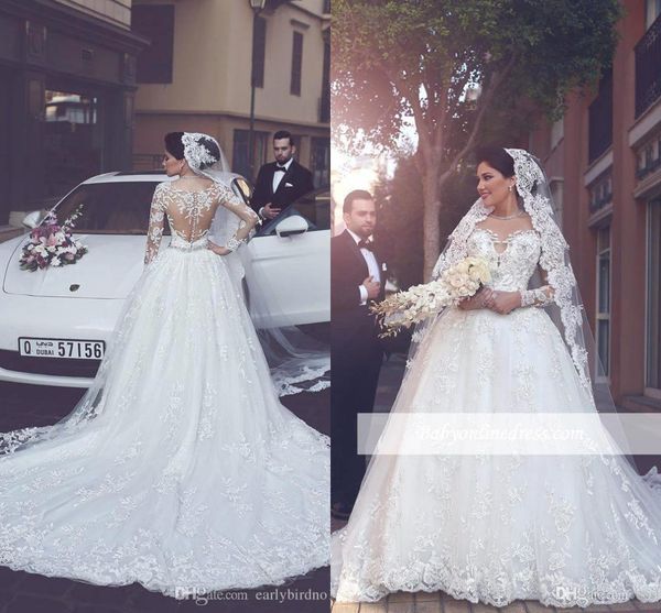 

said mhamad vintage a line tulle wedding dresses sheer long sleeves lace appliqued illusion back bridal gowns with court train bc2088, White