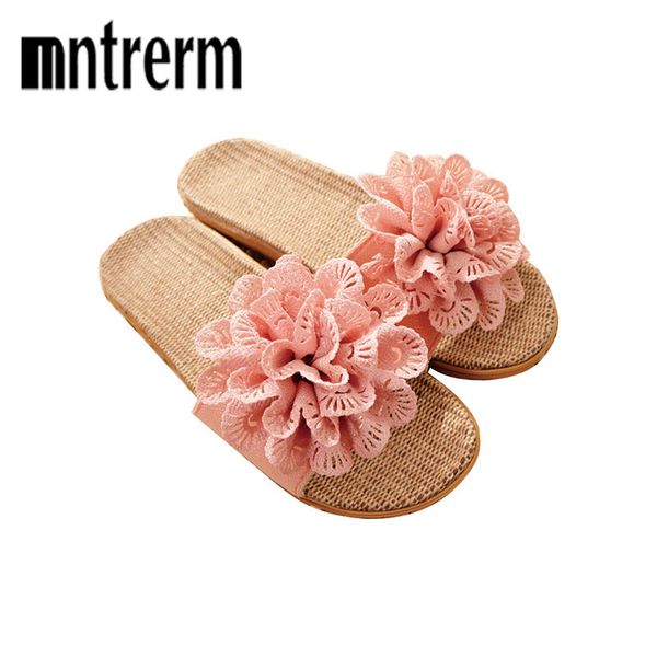 

mntrerm 2019 new summer linen slipper female indoor floor non-slip sandals flower home shoes breathable home slippers for women, Black