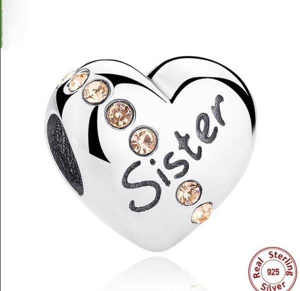 Echtes 925 Sterling Silber Herz Liebe Schwester Mutter Tochter Kristall Strass Charm Perle für europäisches Armband