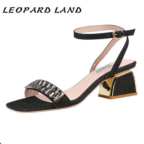

leopard land 5cm summer open-toe high-heeled shoes with thick heels and rhinestone sandals shallow mouth women's shoes lsj, Black