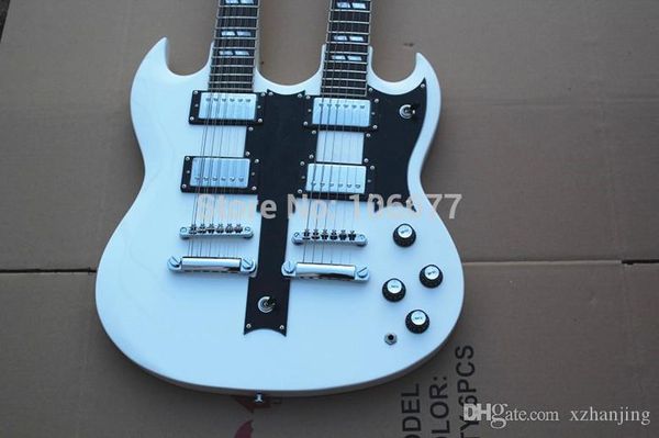 Kostenloser Versand Heißer Verkauf Hohe Qualität 6 + 12 Saiten Custom Gitarre Double Neck Weiße E-gitarre