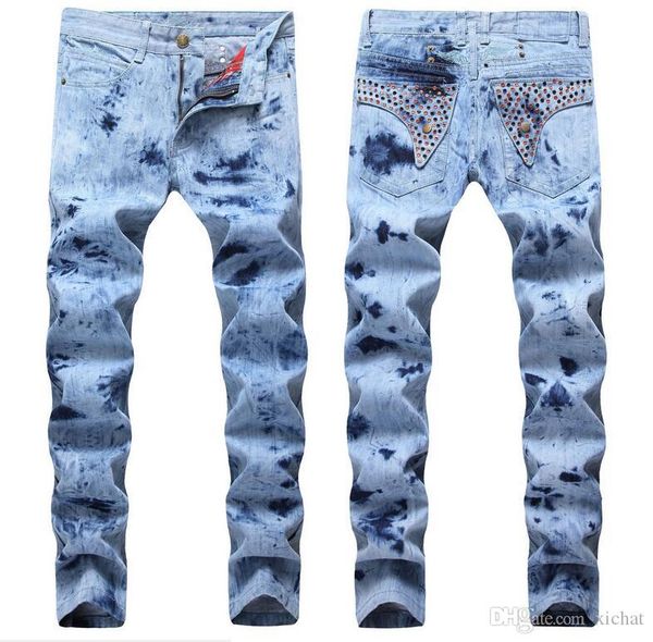 

2018 men's fashion snowflake jeans big size slim fit designer night club jeans back crystal luxury jeans pant size 28-38 955, Blue