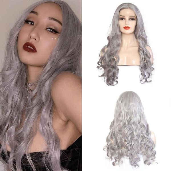 

synthetic wigs charisma sliver grey long wavy wig for black women lace front heat resistant natural hairline hair cosplay