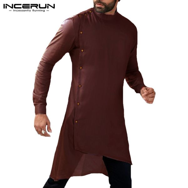 

incerun 2019 men shirt long sleeve button islamic arab shirt muslim clothes men irregular hem solid casual shirts kurta suit, White;black