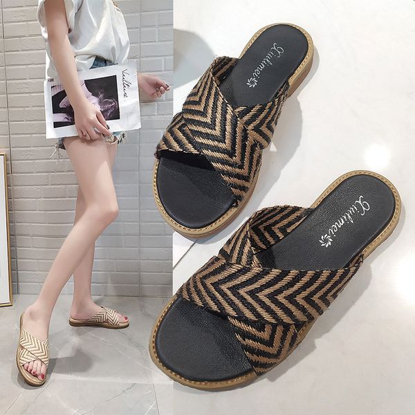 

summer women slides straw weaved striped cross band flat slippers casual beach flip flops brief slip on soft soled slides female, Black