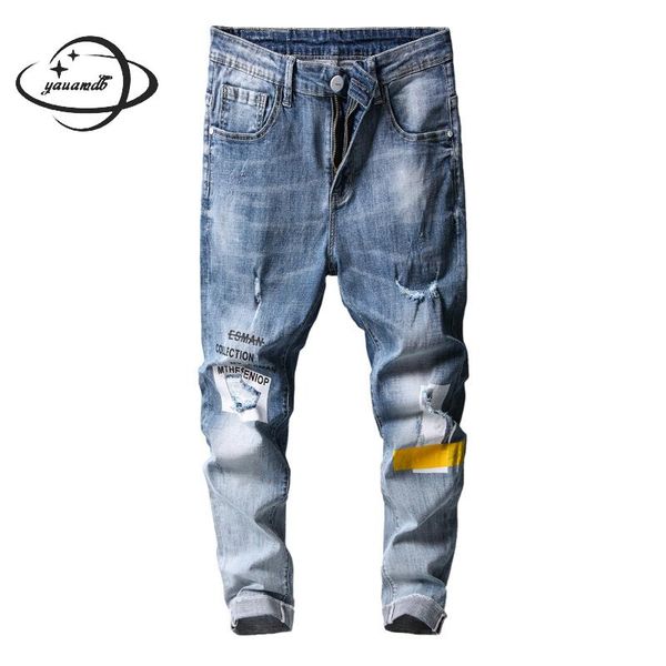 

men jeans summer male trousers clothing zipper skinny pencil pants ankle-length pants casual letter pockets man clothes y93, Blue