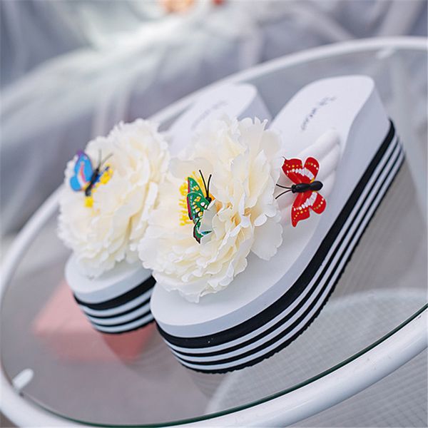 

women's shoes 2019 summer new fashion flowers butterfly sandals and slippers women's height flip-flops, Black