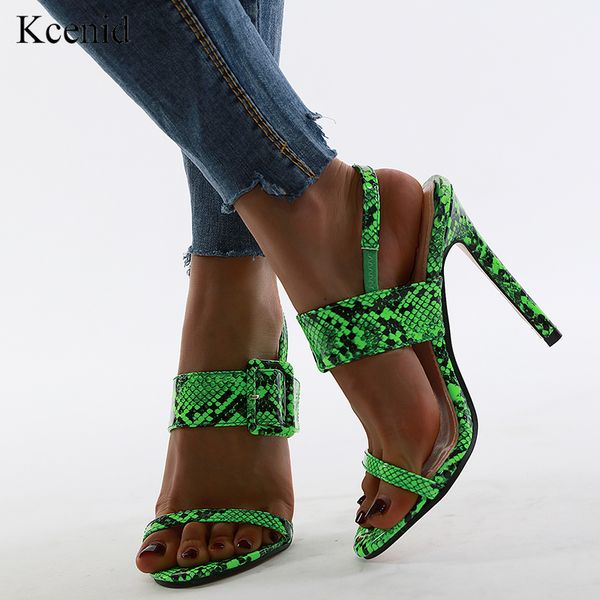 

kcenid 2020 new summer high heels sandals open toe buckle deco fashion serpentine green sandals leopard shoes woman size 40, Black
